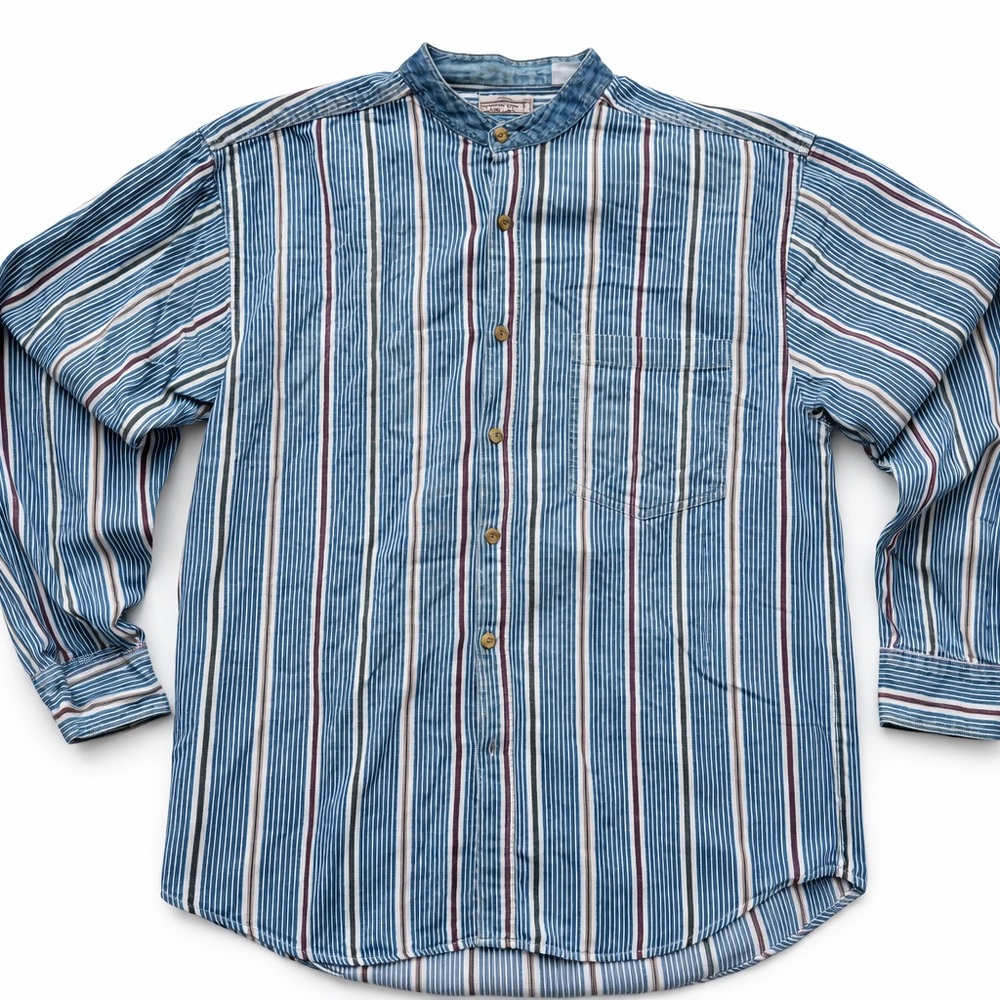 Vintage Double Impact Denim Stripe Band Collar Work Shirt L/XL